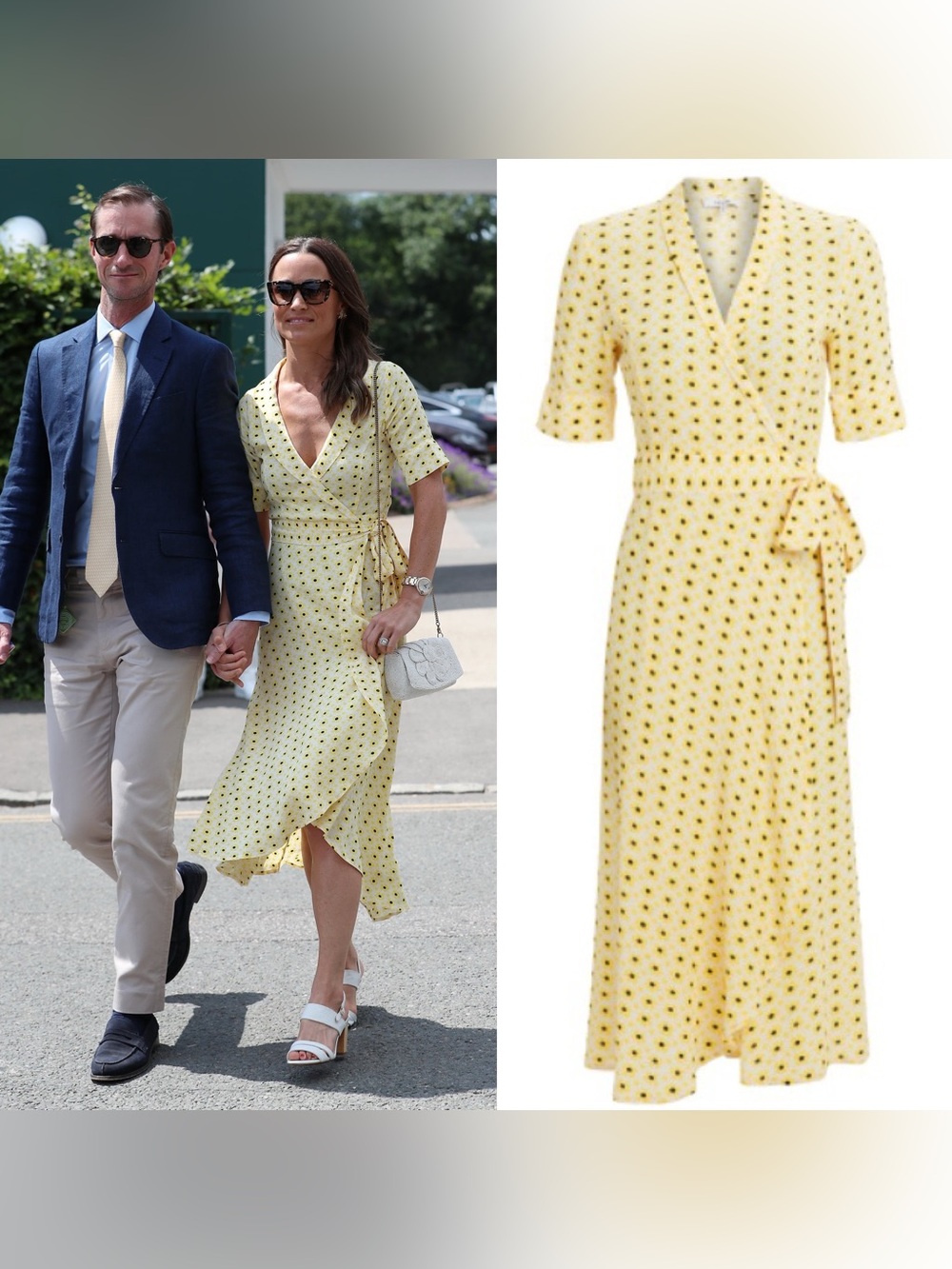 GANNI Sunflower Yellow Wrap Midi Dress Size 36 Pippa Middleton Style US 4